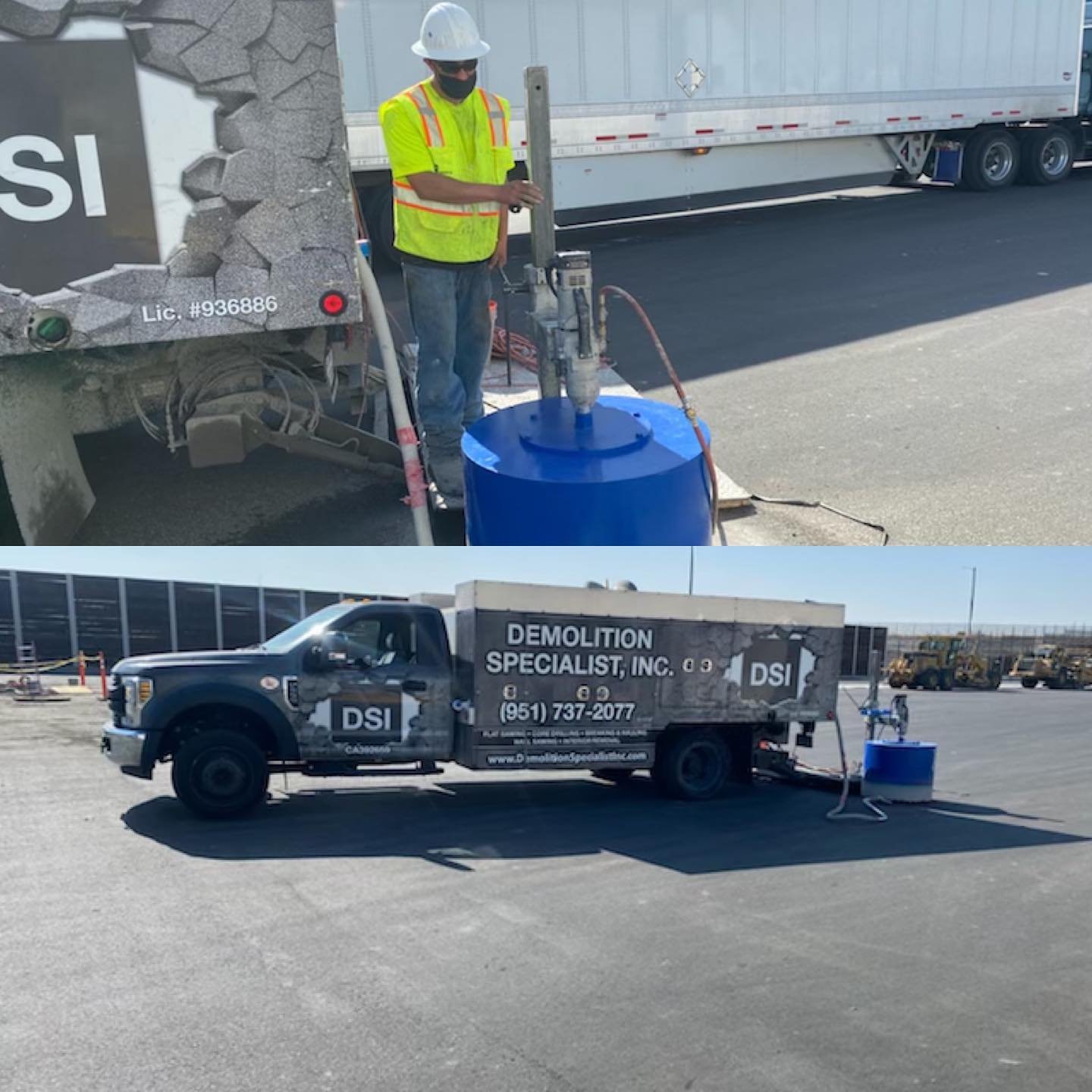 DSI worker running handheld core drill next to DSI-branded service truck on commercial job site