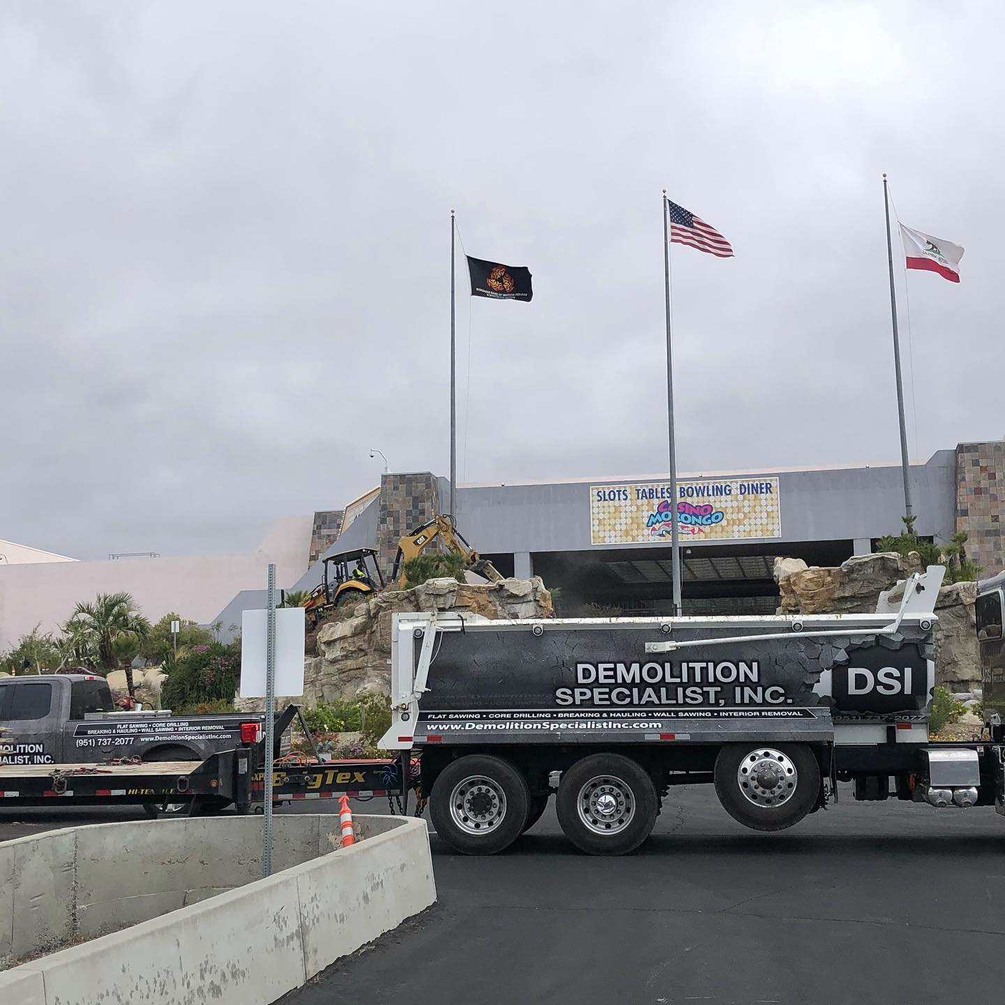 DSI Demolition Specialist dump truck prominently in foreground on active site demolition — excavator clearing rockwork behind